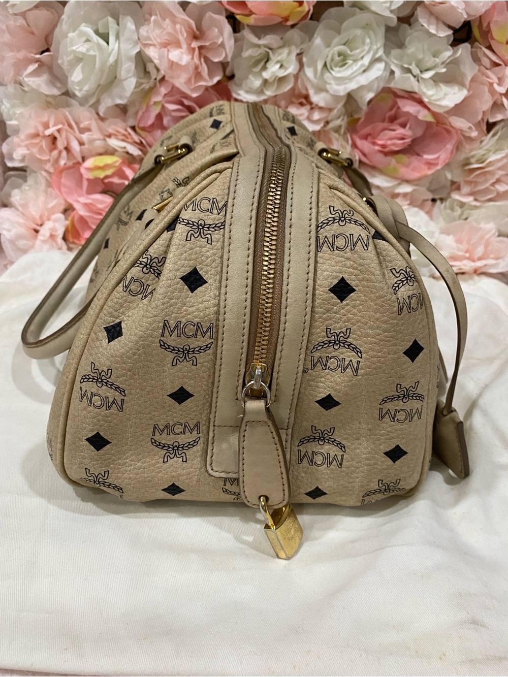 MCM Beige Visetos Logo Satchel with Gold Hardware - Picture 9 of 14